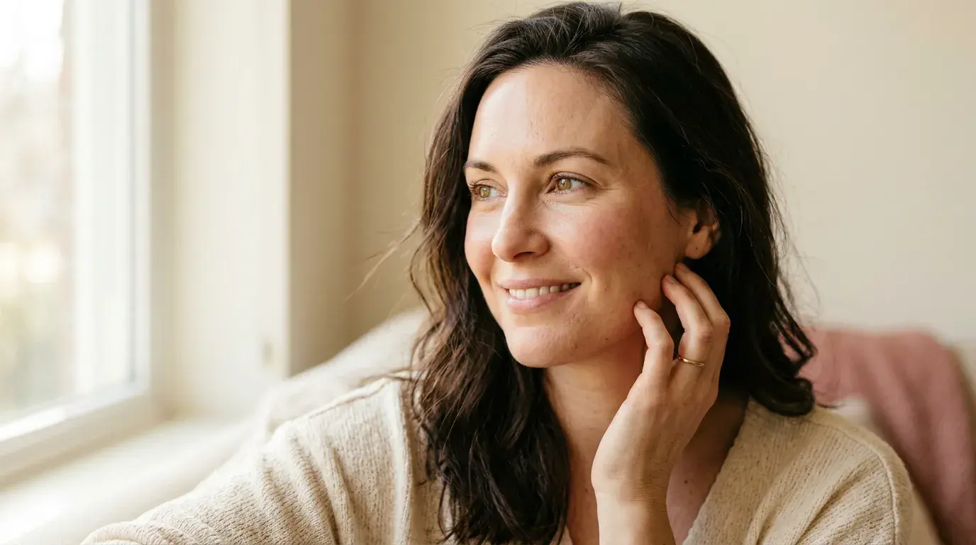 Woman with even, radiant skin after sun damage treatment in Pickering