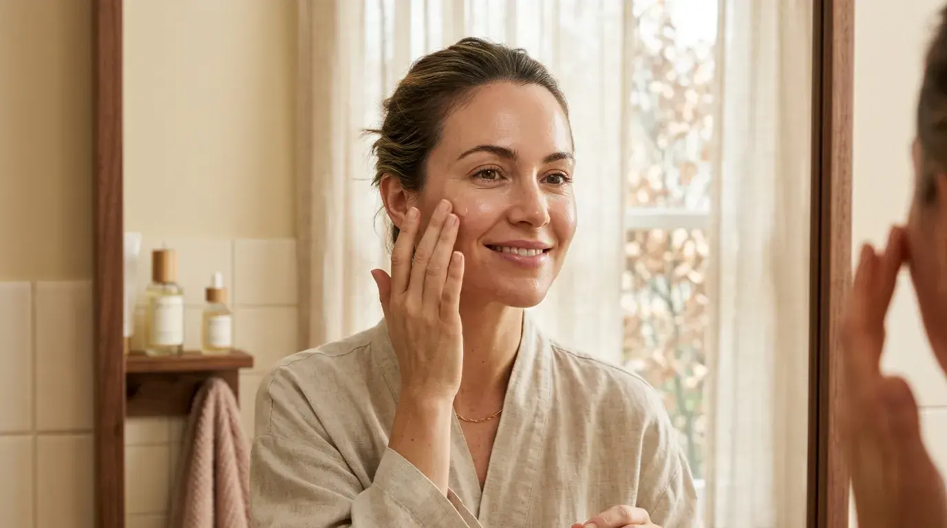 Woman with healthy glowing skin following her daily skin care routine in Pickering