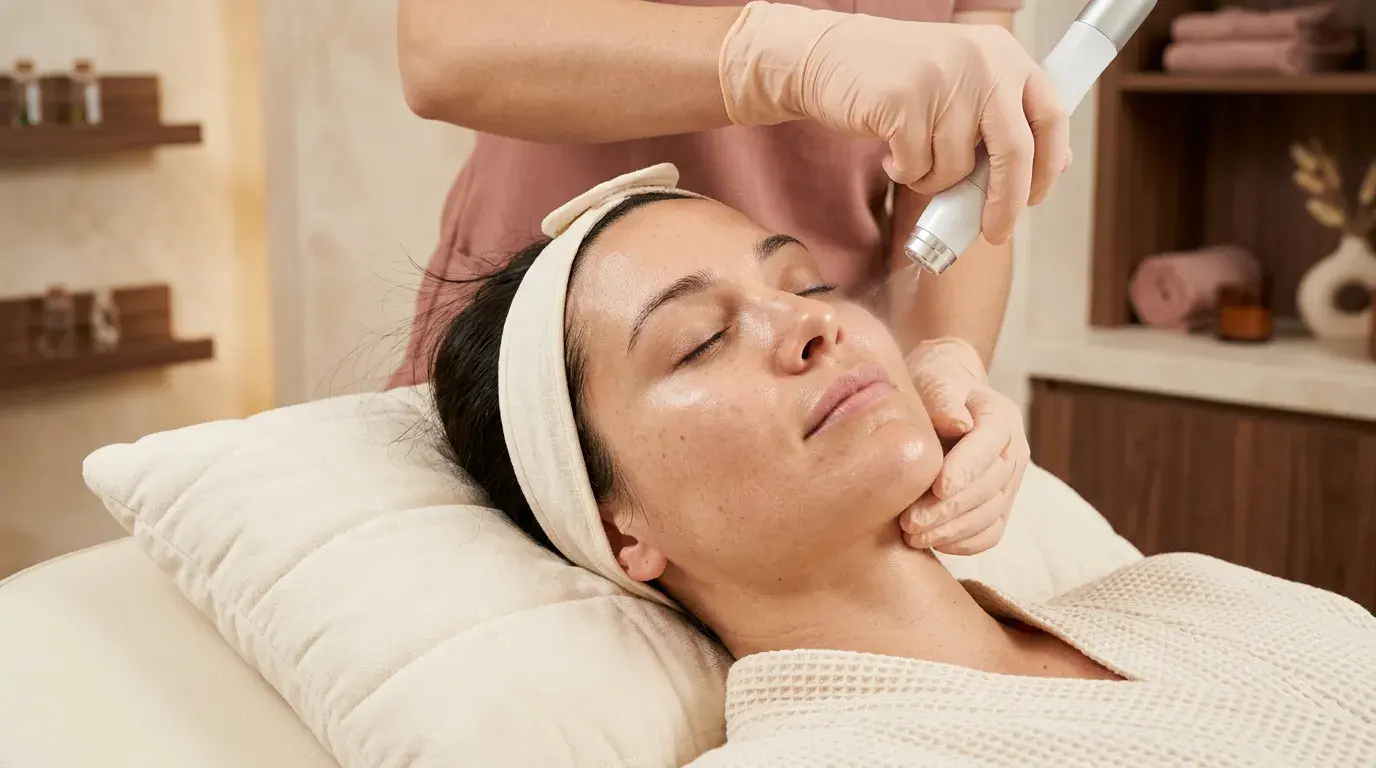 Woman receiving a JetPeel facial for glowing, hydrated skin in Pickering