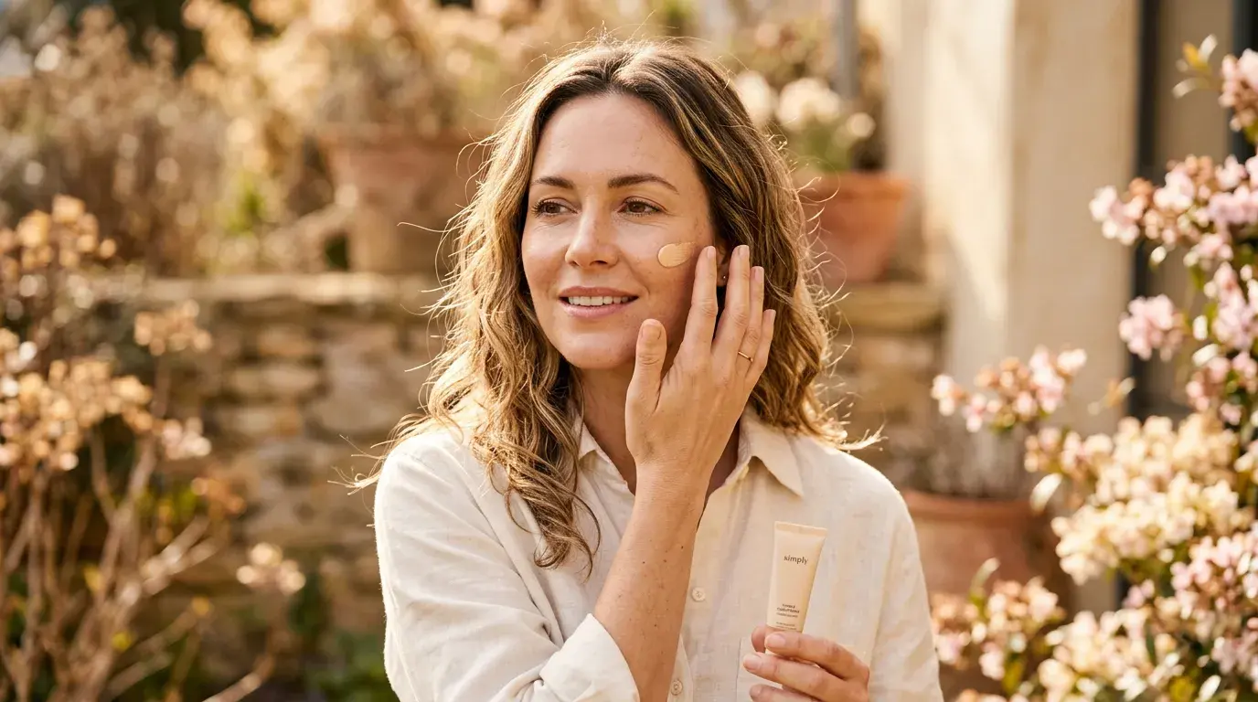 Woman applying daily SPF sunscreen in spring sunlight in Pickering