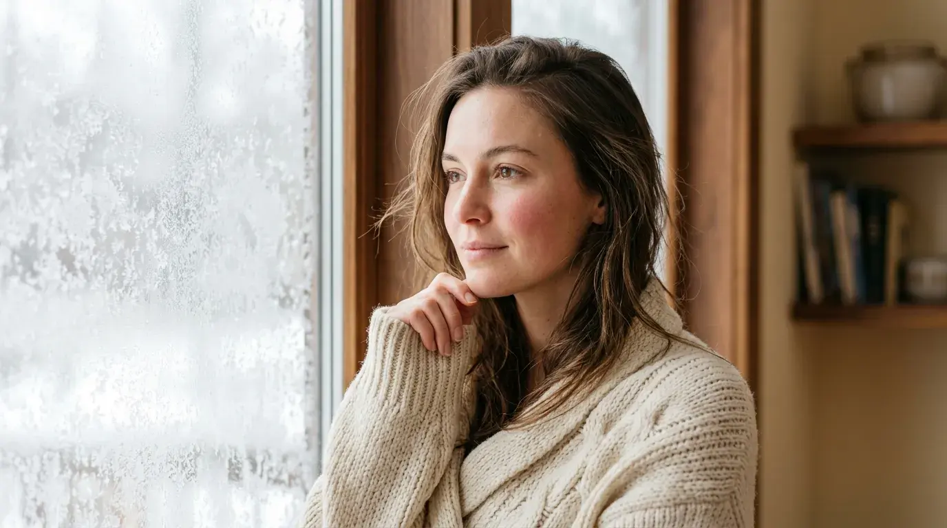 Woman with hydrated glowing skin in winter light at a Pickering medical spa