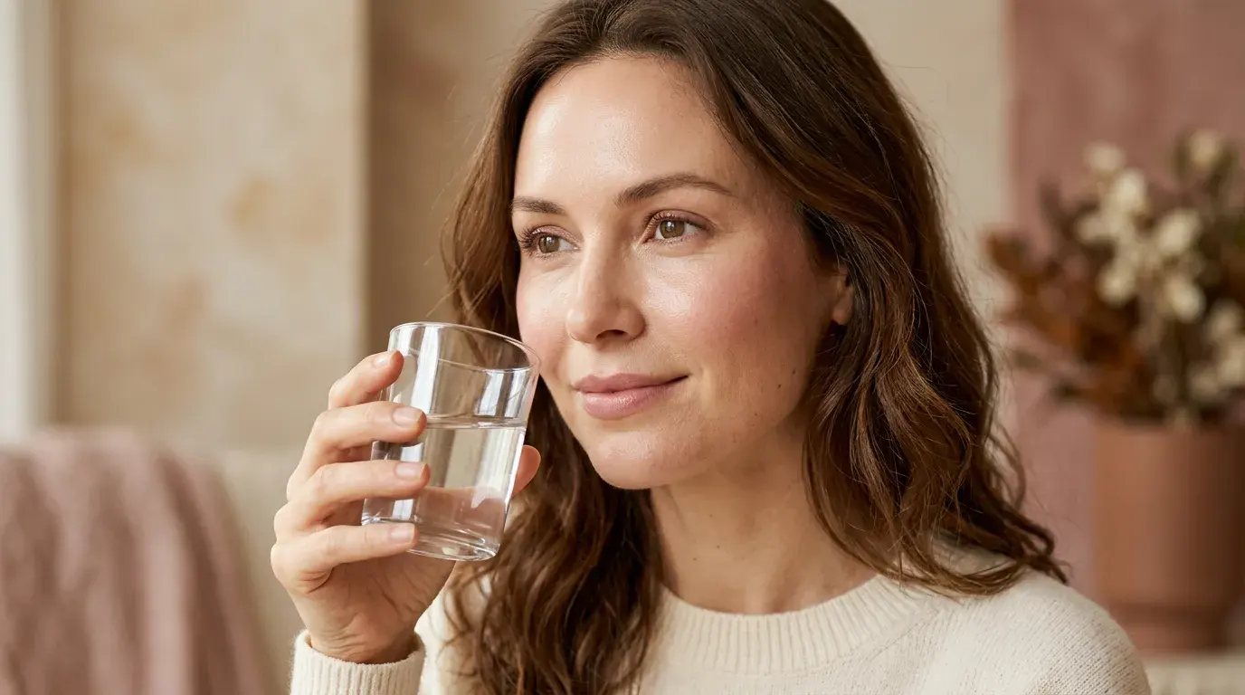 Woman with hydrated glowing skin holding a glass of water at a Pickering medical spa