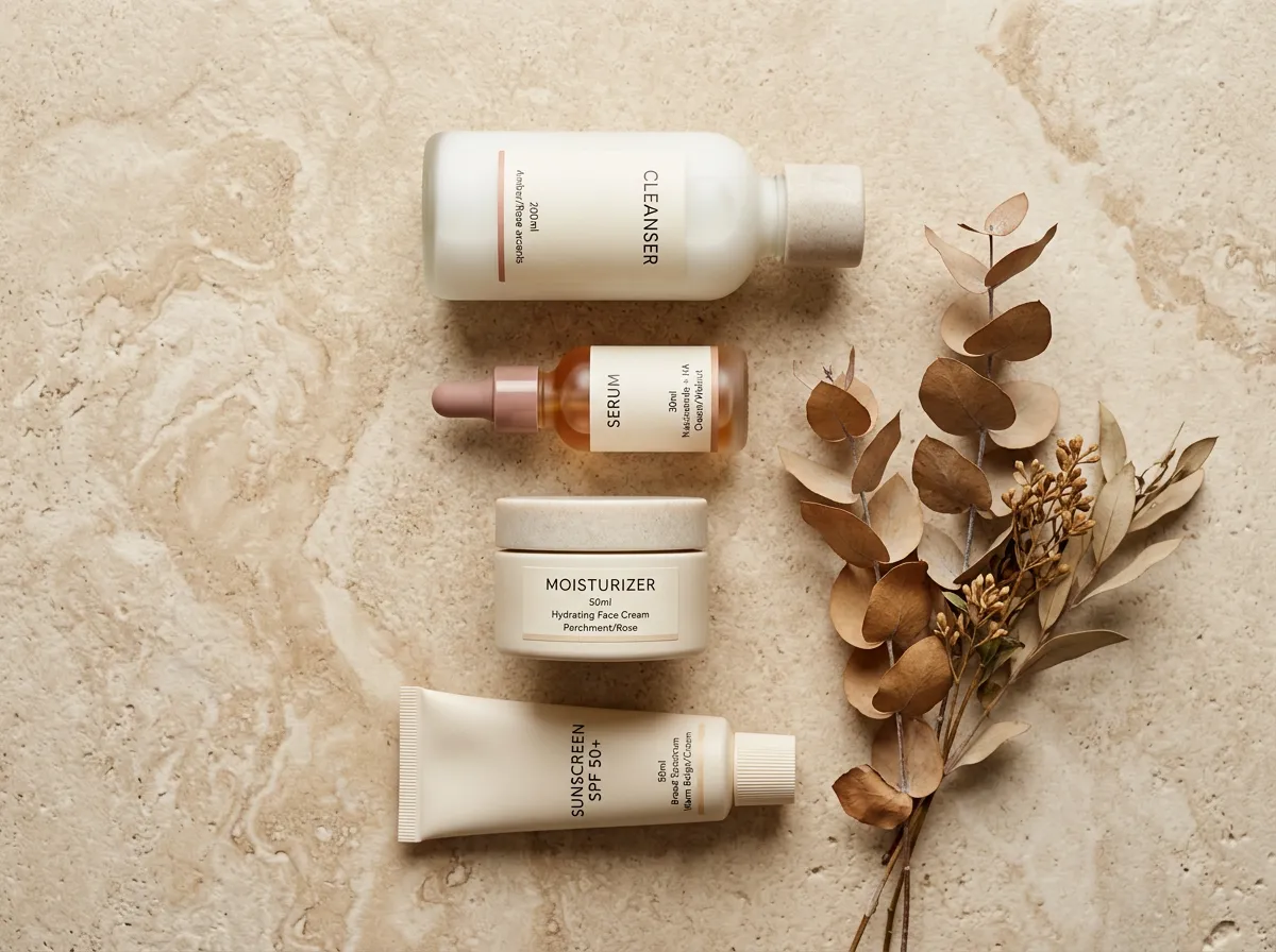 Simple skincare starter routine flatlay with cleanser, serum, moisturizer and sunscreen