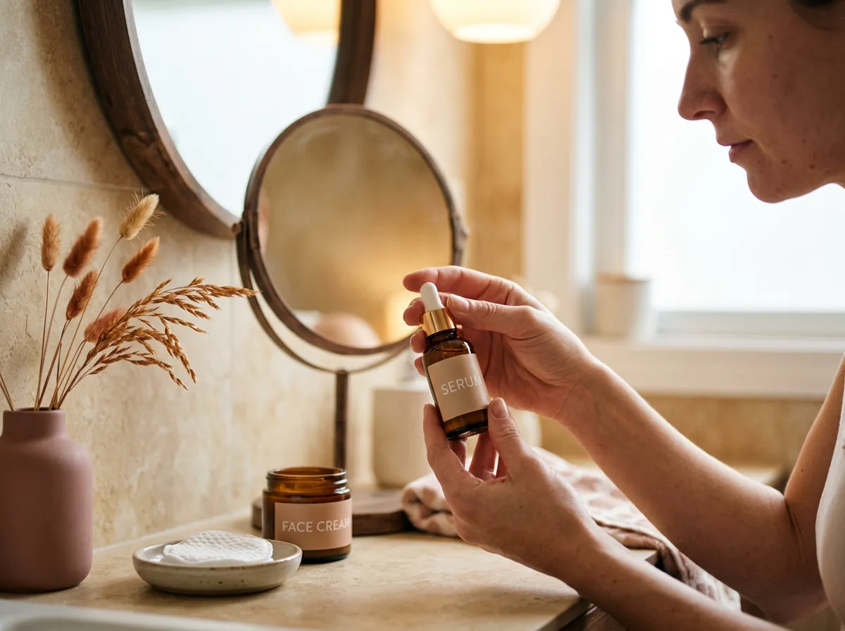 Skincare products displayed on a bathroom vanity as a daily routine reminder