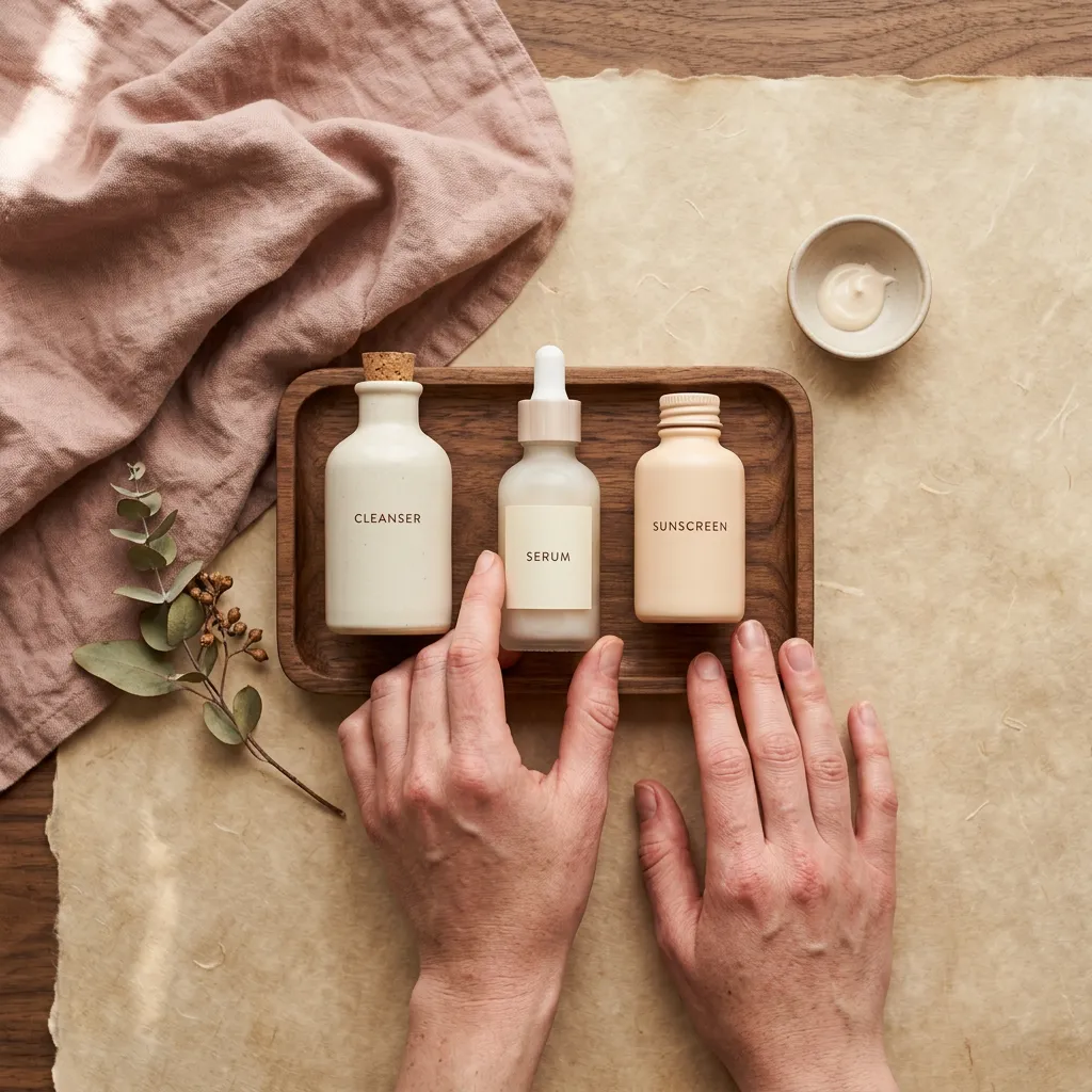 Post-chemical-peel skincare routine, gentle cleanser, hydrating serum and mineral SPF to protect and extend chemical peel results