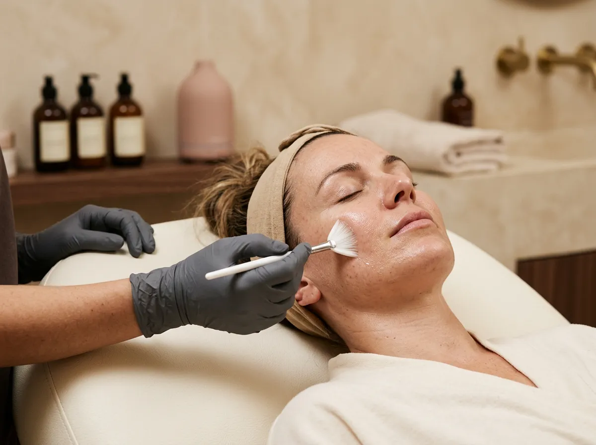 Registered nurse applying a light chemical peel solution with a fan brush during a facial skin-resurfacing treatment at Victoria Rose Aesthetics in Pickering, Ontario