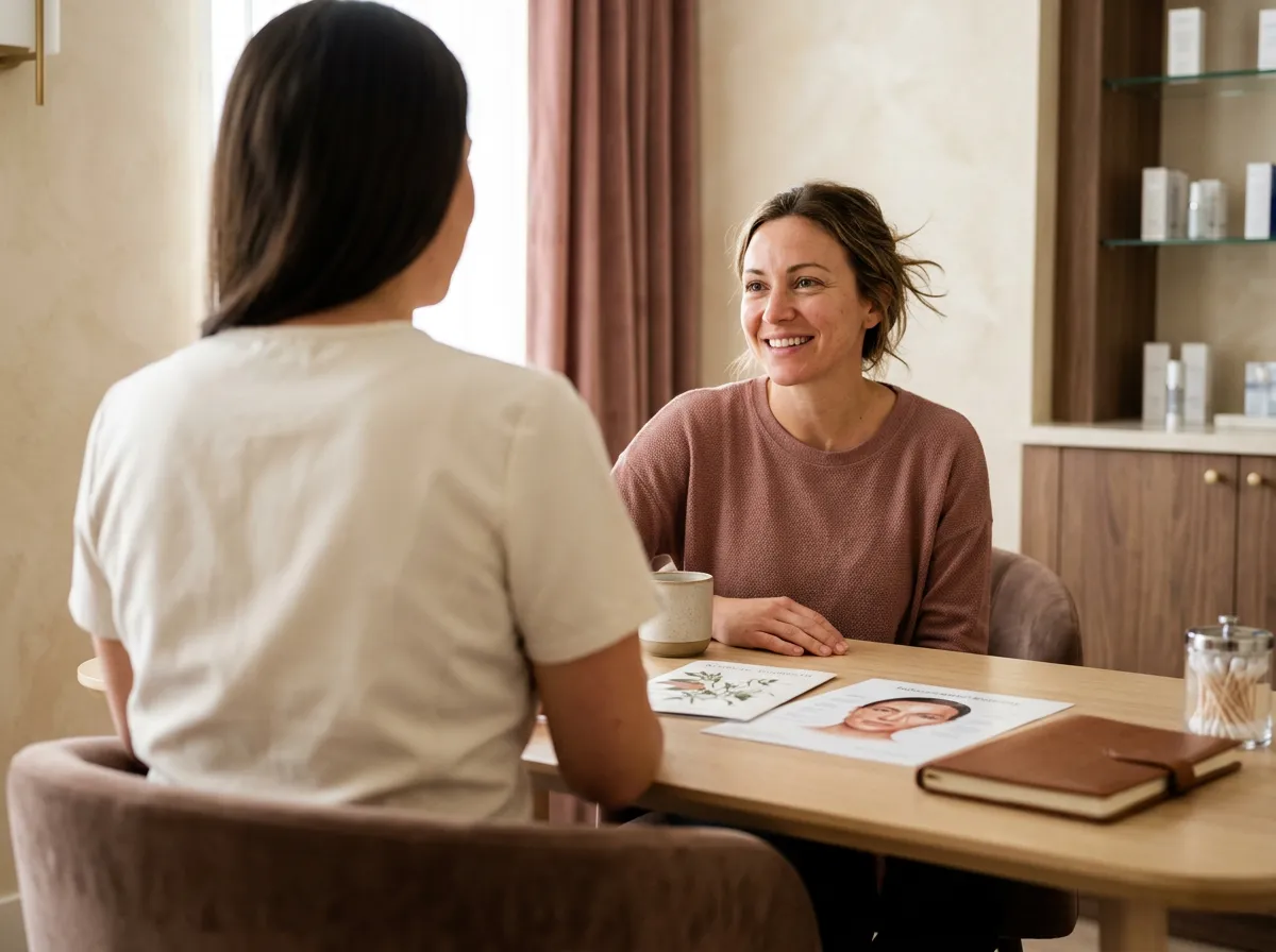 Nurse injector assessing facial symmetry during a facial balancing consultation in Pickering