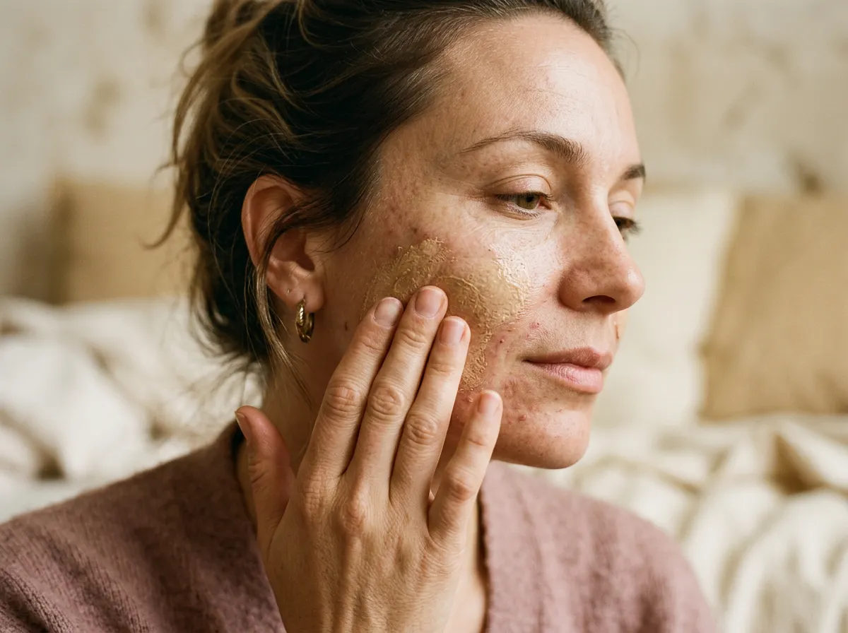 Applying a sulfur masque to acne-prone skin at home in Pickering