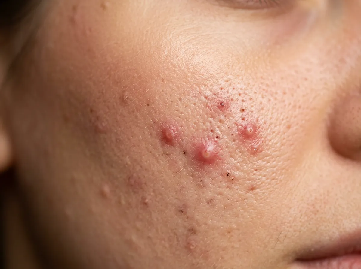 Close-up of acne-prone skin showing clogged pores and breakouts