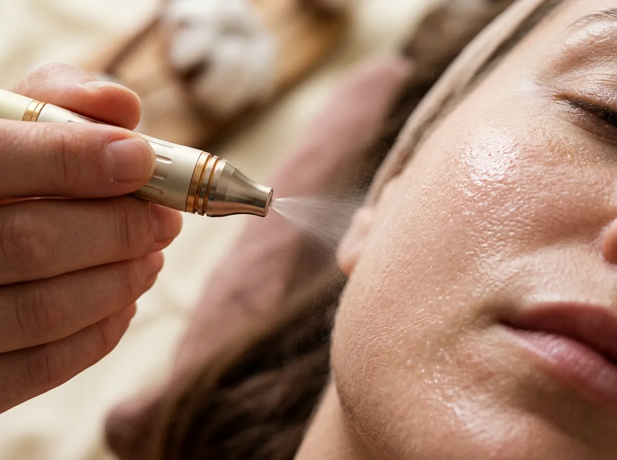 JetPeel serum infusion mist on dewy skin during a facial in Pickering