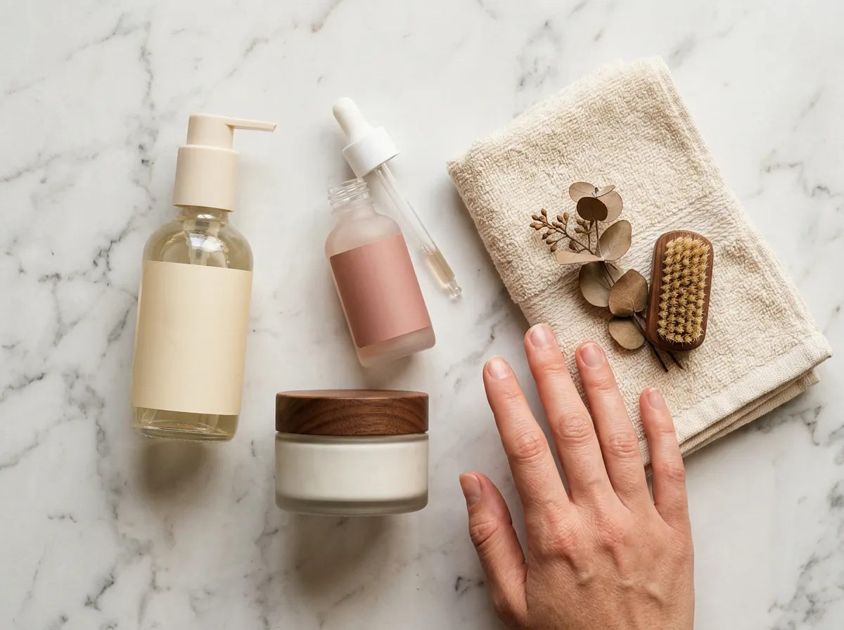 At-home skincare routine flatlay with cleanser and serum for a New Year reset in Pickering