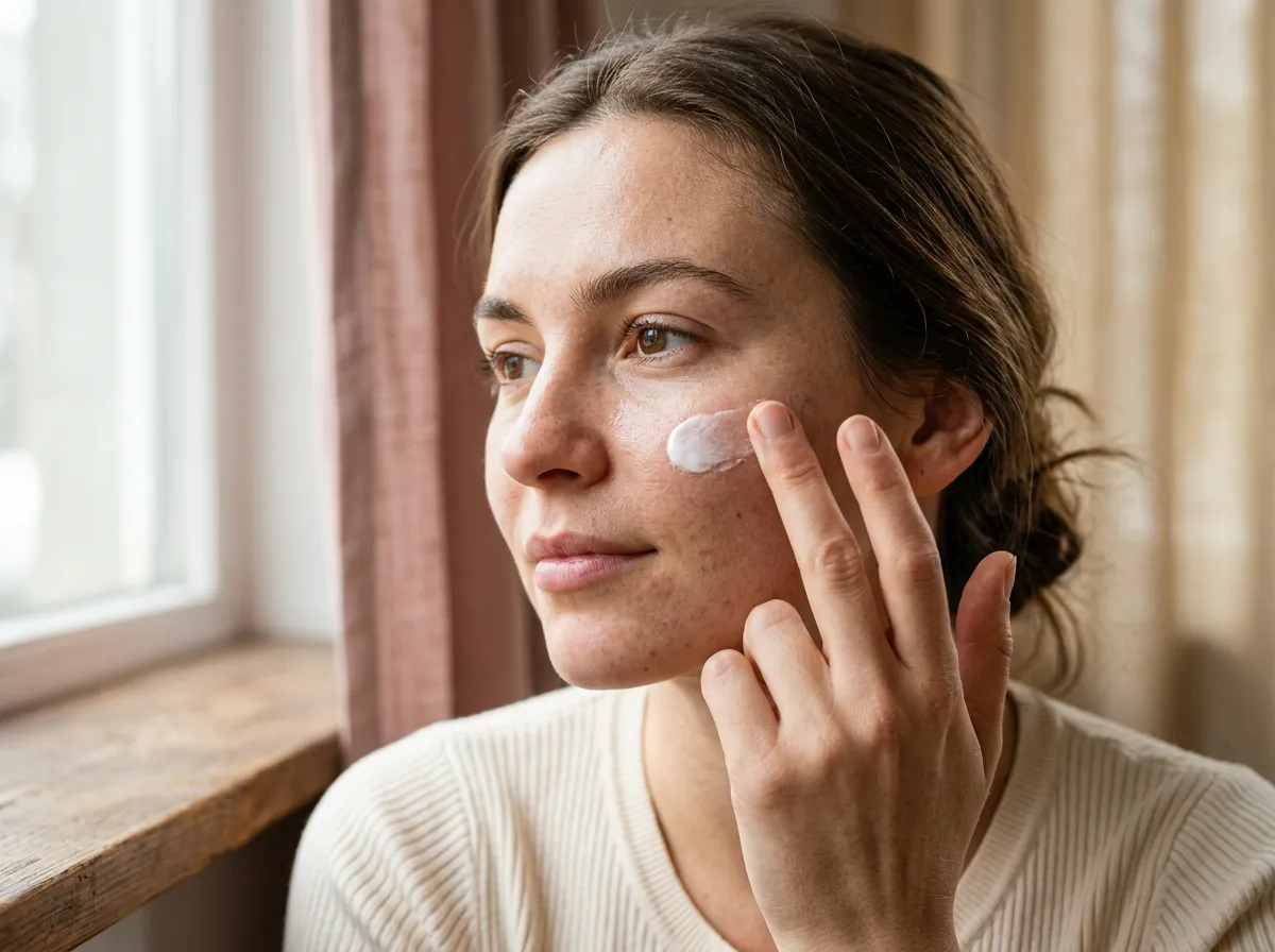 Woman applying daily SPF sunscreen as part of a winter skincare routine in Pickering