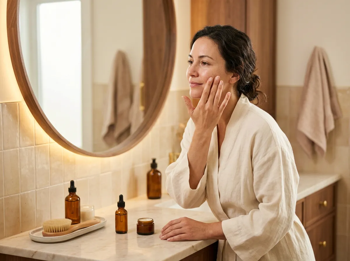 Woman performing her daily skincare ritual at the bathroom mirror in Pickering