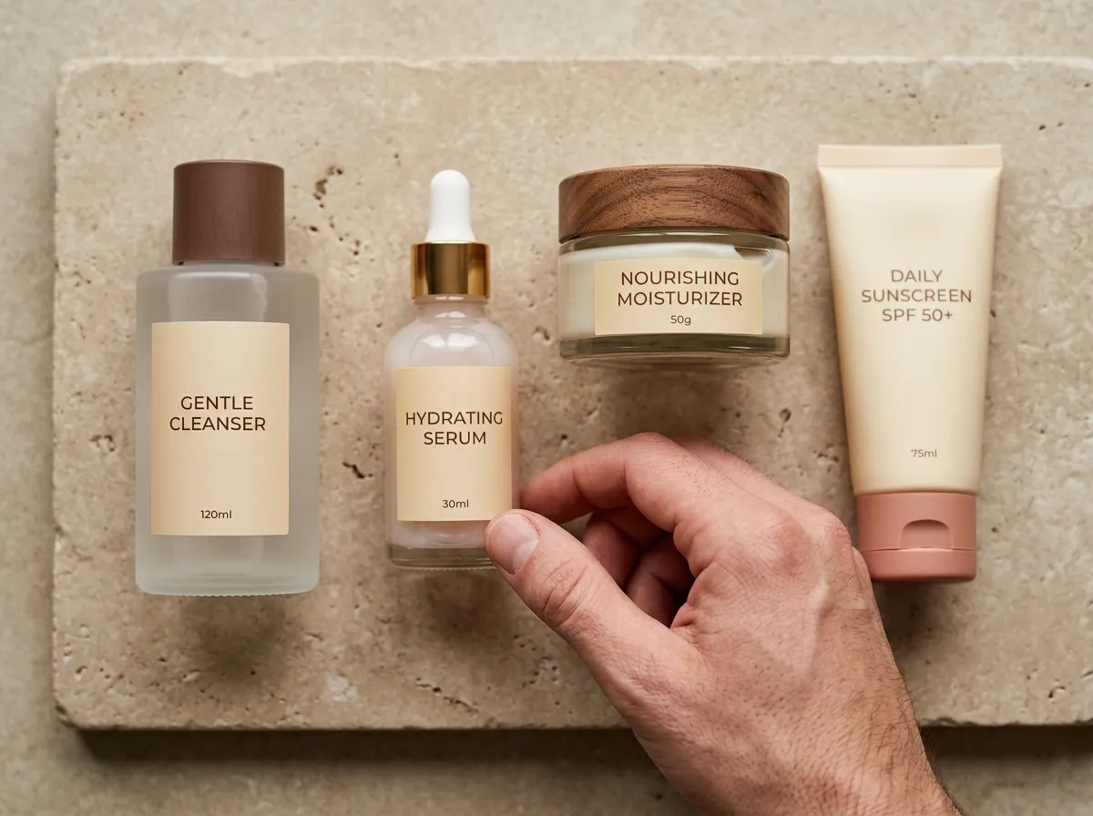 Simple curated skincare starter routine flatlay for post-summer recovery