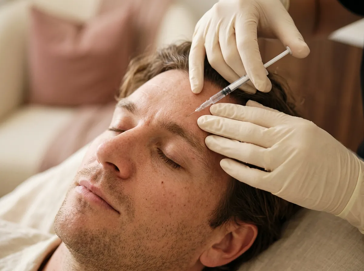 Botox injection in a man's forehead to soften forehead lines in Pickering