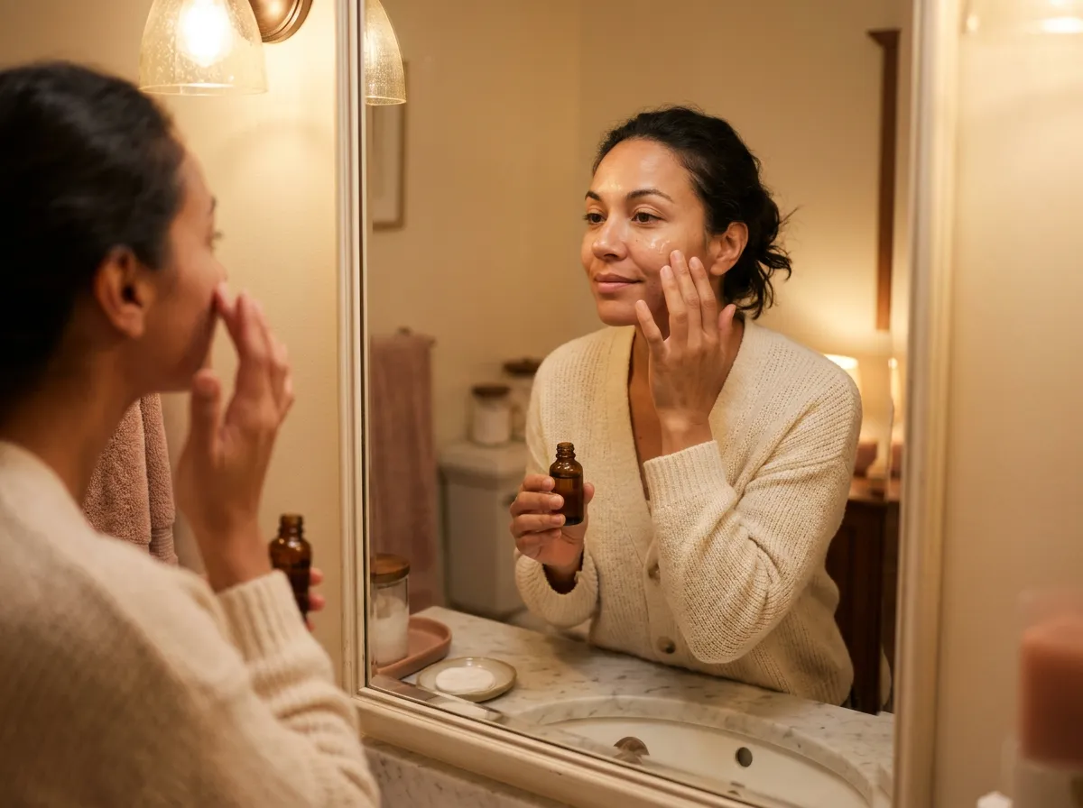 Woman applying retinol as part of her evening skincare routine in Pickering