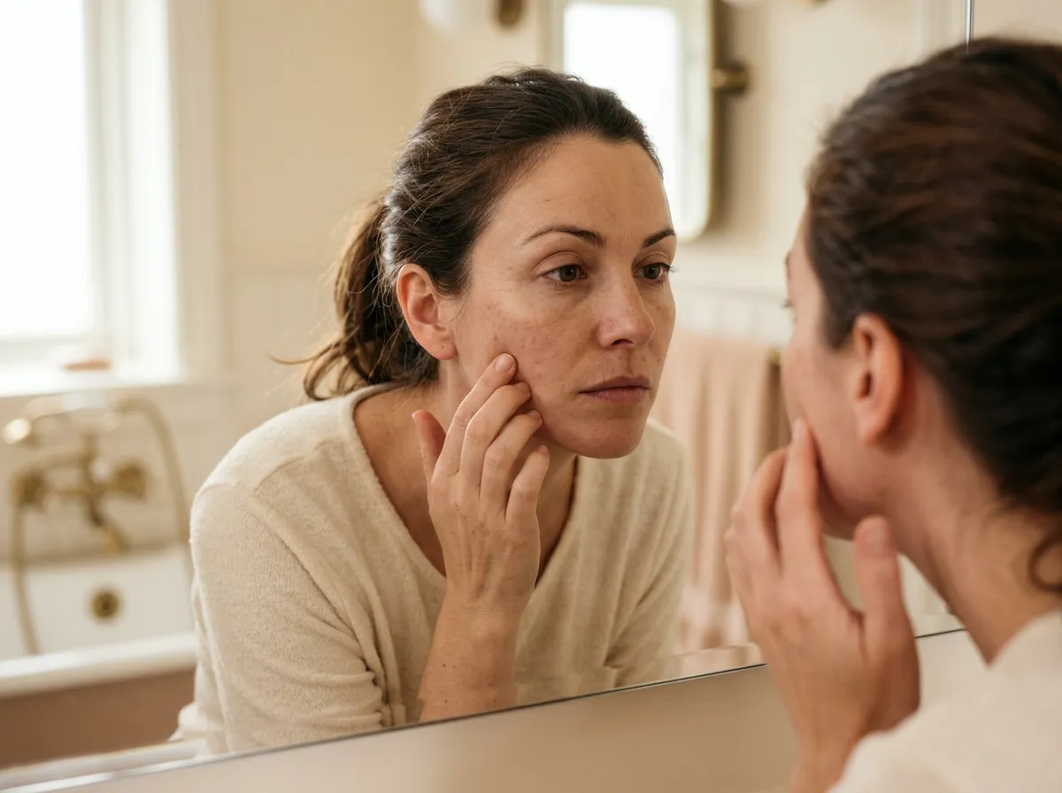 Woman noticing dull, uneven skin tone before considering a chemical peel in Pickering