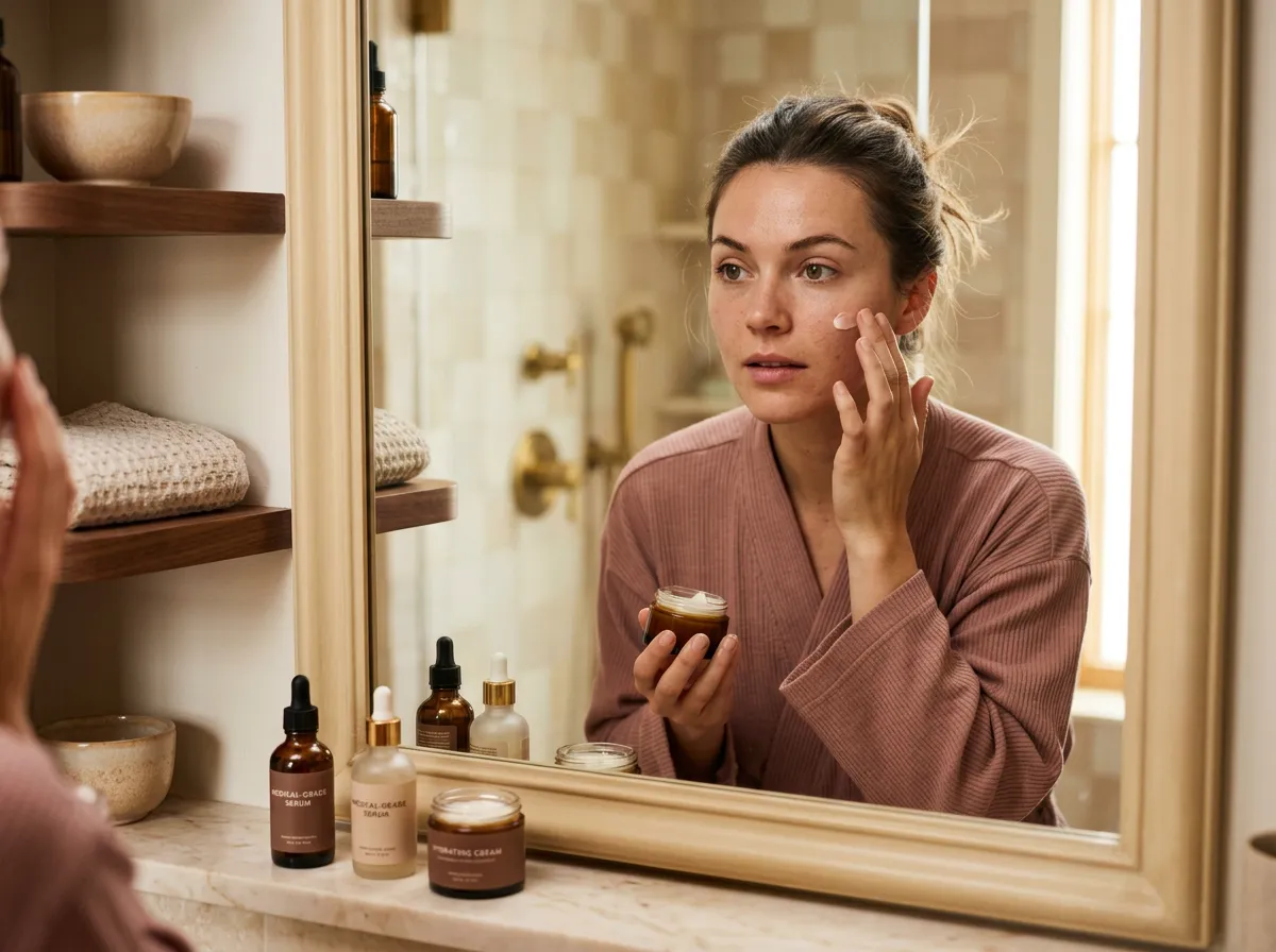 Young woman in her twenties applying preventative skincare and SPF, Pickering
