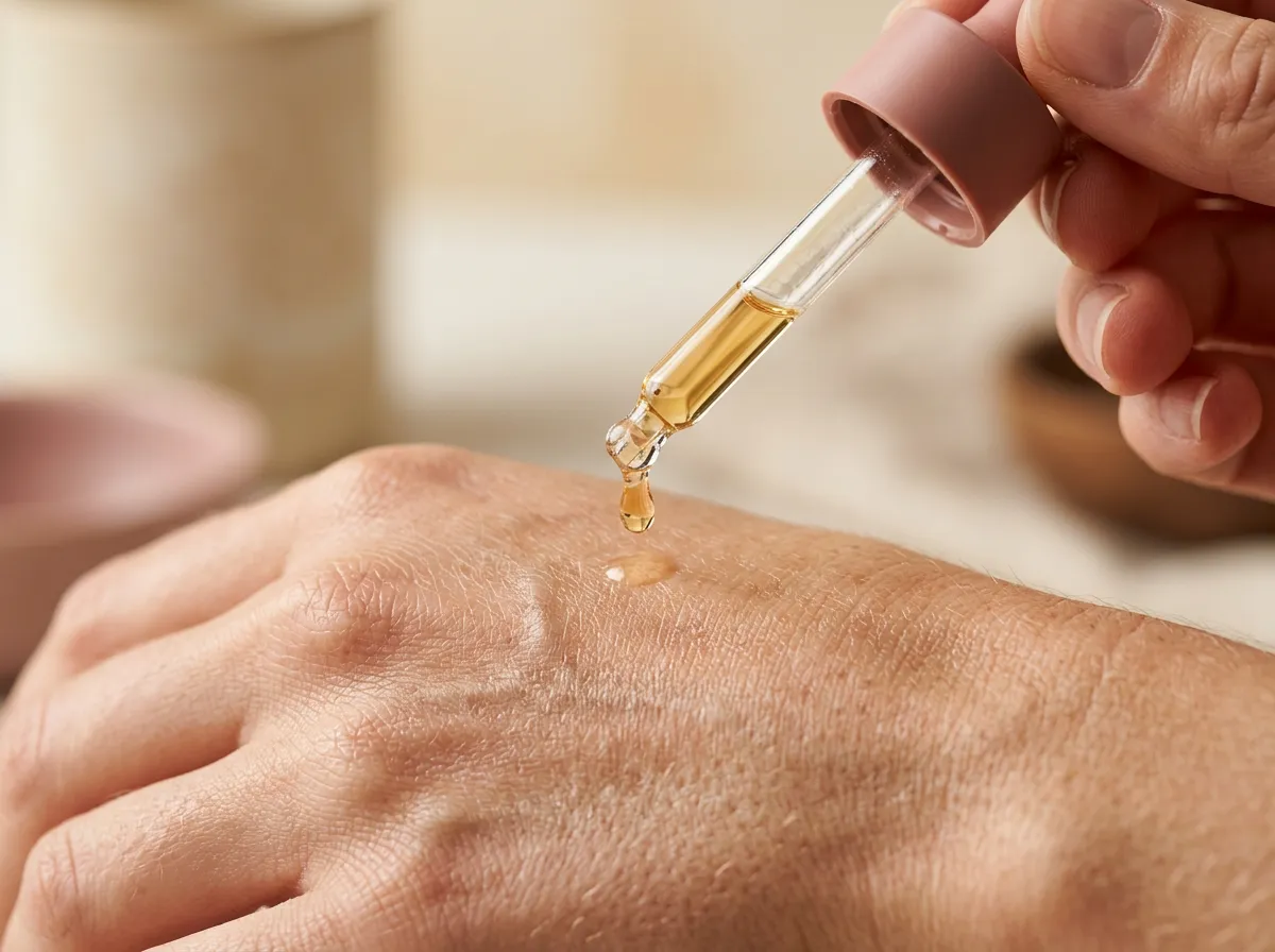 Close-up of a vitamin C serum dropper showing a single golden drop