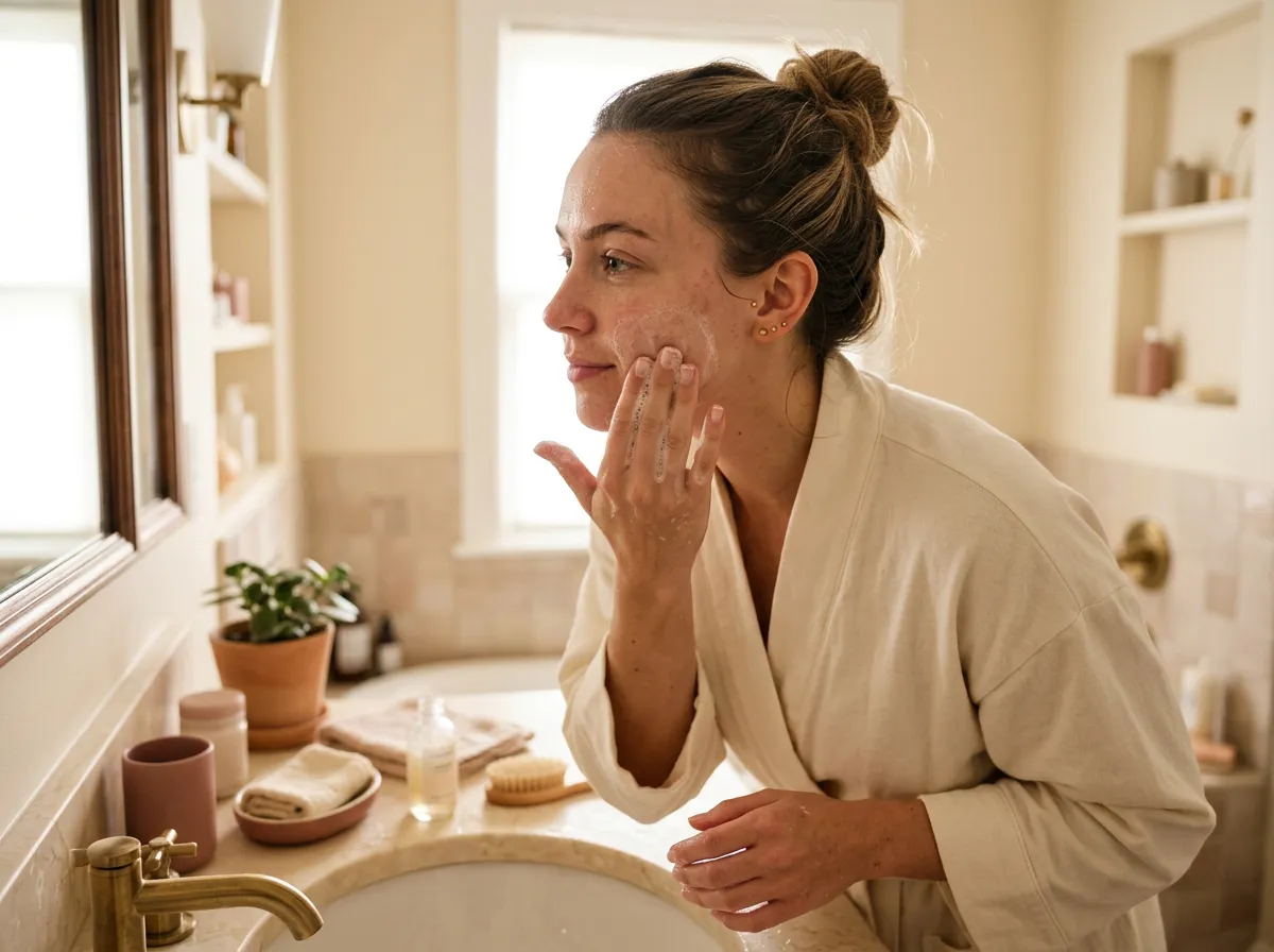Woman using an exfoliating cleanser as part of a summer skincare routine