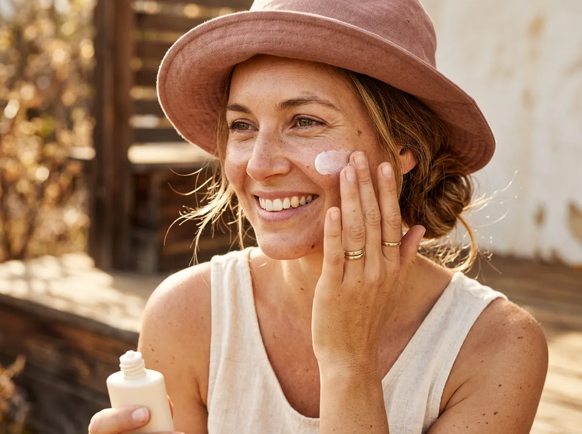 Woman applying broad-spectrum SPF sunscreen for summer sun protection in Pickering