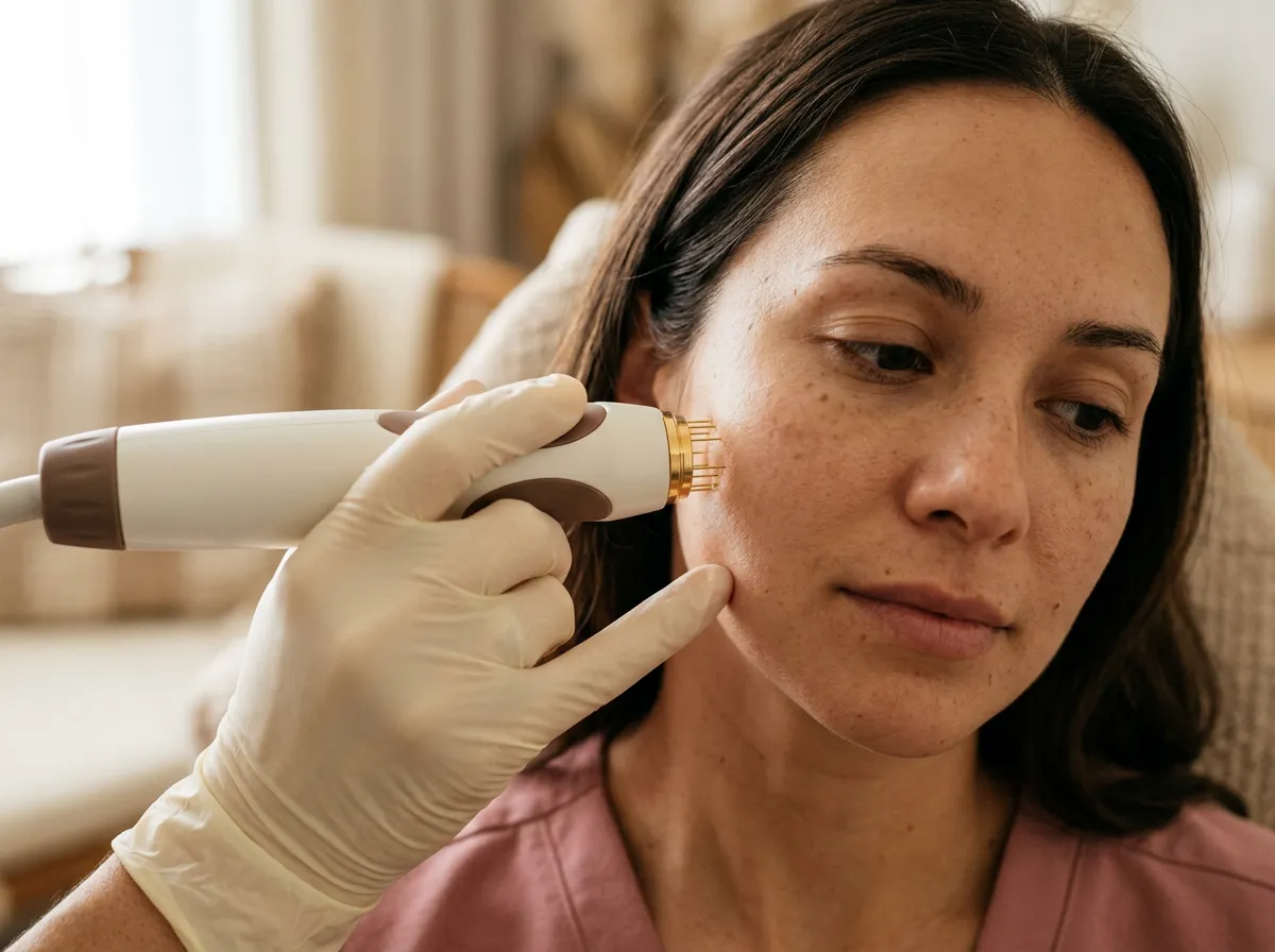 Sylfirm X RF microneedling device with fine gold-plated needles treating facial skin