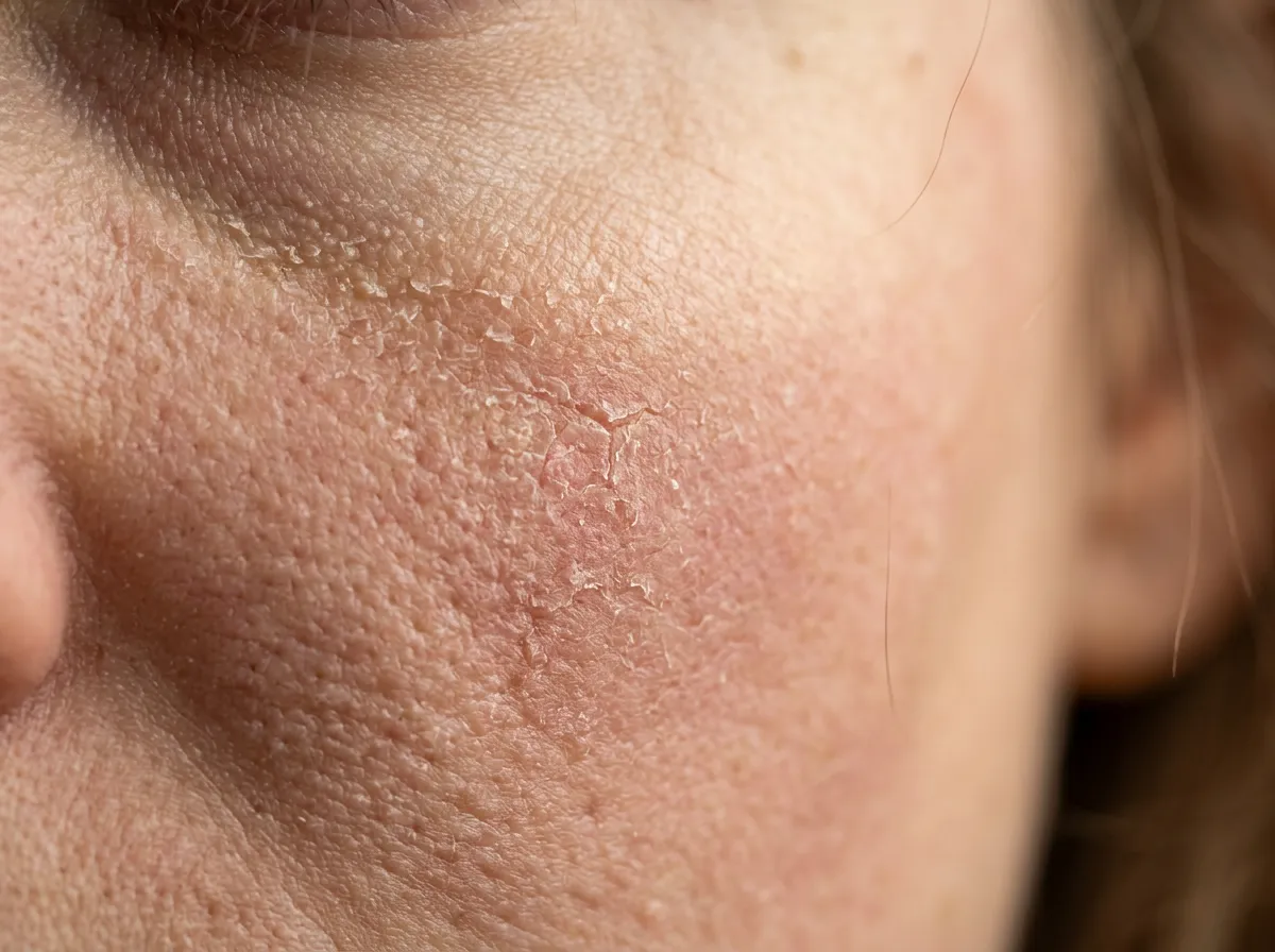 Close-up of dry dehydrated winter skin texture on the cheek